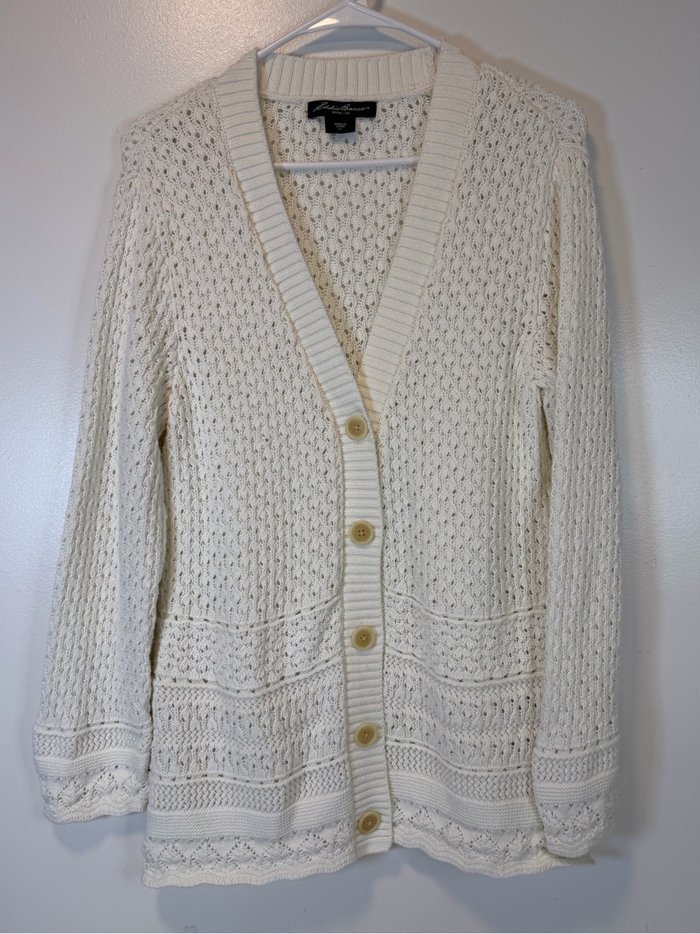 Eddie Bauer White Open-Weave Mixed Stitch Button Front Cardigan Women’s XL
